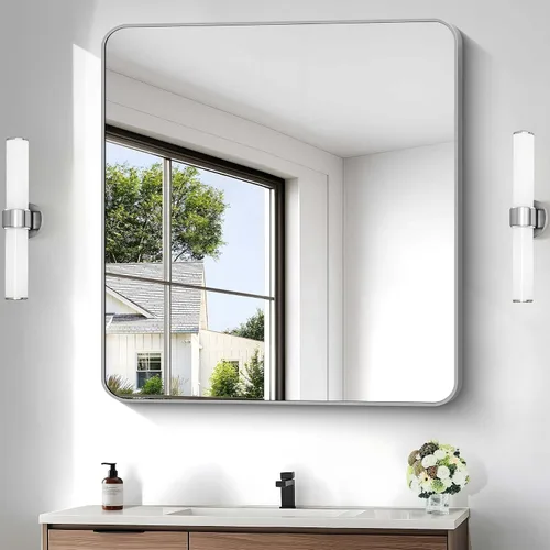 Vista 18 de Espejo de baño negro, espejos cuadrados de 18 x 18 pulgadas para pared, marco de metal, espejo de tocador de esquina redondeada para sobre