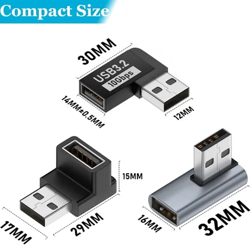 Vista 2 de Paquete de 6 adaptadores USB 3.1 macho a hembra de 10 Gbps hacia arriba hacia abajo a la izquierda derecha 90 grados de ángulo recto cable USB
