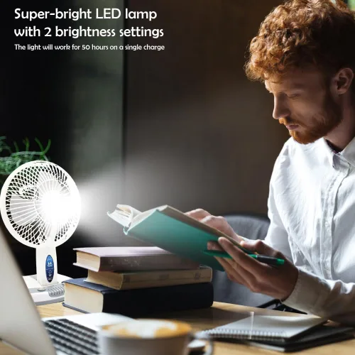 Vista 5 de Technical Pro Adventure Series - Ventilador recargable de escritorio/pared con lámpara de trabajo LED, ventilador ajustable y portátil
