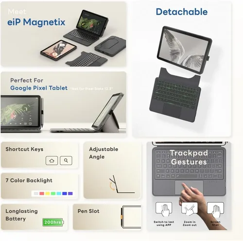 Vista 6 de EIP Magnetix - Funda con teclado para Google Pixel Tablet de 11 pulgadas (2023), ángulo de visualización ajustable, desmontable, fácil