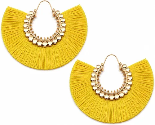 Vista 17 de Aretes de aro con borla, aretes colgantes de hilo de declaración, elegantes aretes largos con flecos, ligeros, largos y con gancho francés, para un