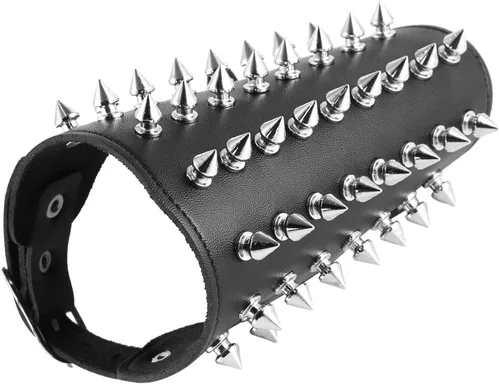 Vista 3 de HZMAN Brazaletes unisex de metal negro con tachuelas punk rock correa ancha de cuero para el brazo guantelete de muñeca puños armadura Negro