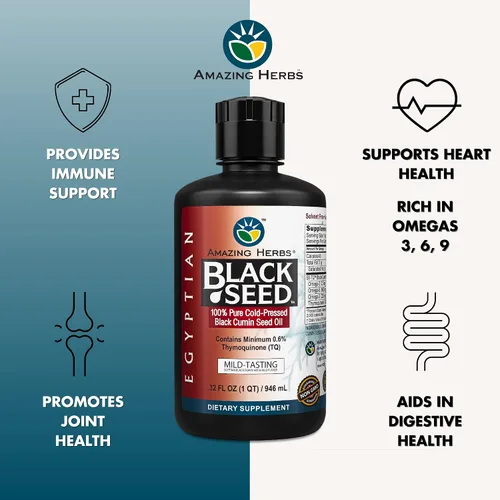 Vista 2 de Amazing Herbs Aceite de semilla negra egipcia, sin gluten, sin OMG, prensado en frío, Nigella sativa ayuda a la salud digestiva, apoyo inmunológico