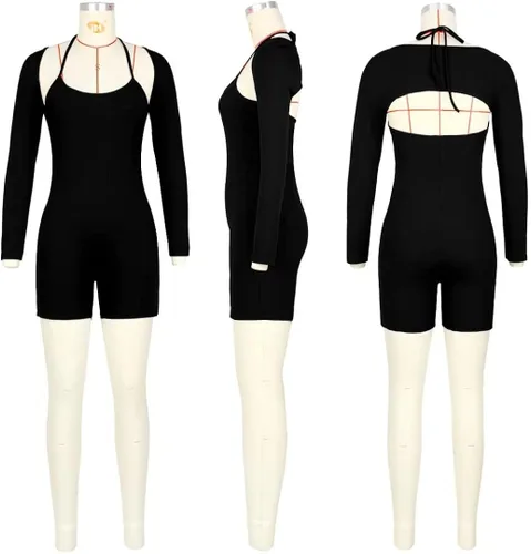 Vista 4 de Yanfoam Conjunto de 2 piezas de entrenamiento para mujer acanalado cuello en U manga larga ombliguera de cintura alta ajustado pantalones cortos