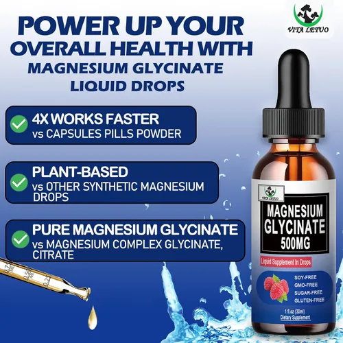 Vista 2 de Glicinato de magnesio puro Suplemento de magnesio líquido de 500 mg para sueño, nervios, huesos y salud cardíaca Gotas líquidas veganas