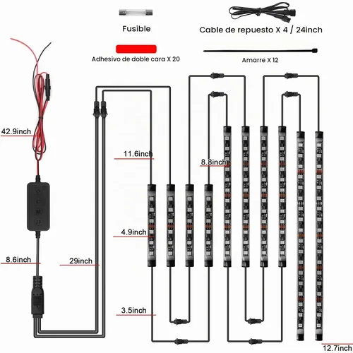 Vista 8 de 10 piezas de kit de luces LED de bajo de motocicleta, tiras de luces LED RGB, kit de luces LED de bajo de motocicleta con control de APP para Harley