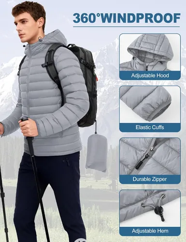 Vista 4 de Chaqueta acolchada ligera y plegable para hombre, con capucha, aislada, resistente al agua, para esquí, senderismo, viajes