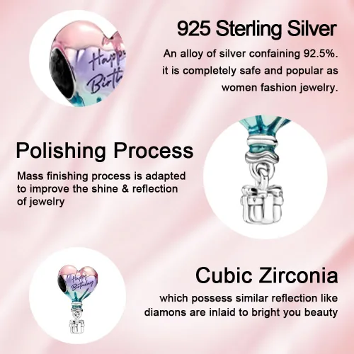 Vista 2 de Redjogn Dije de globos de corazón de amor, perlas familiares de viaje, dijes de cumpleaños para mujer, collar y pulsera en plata de ley 925