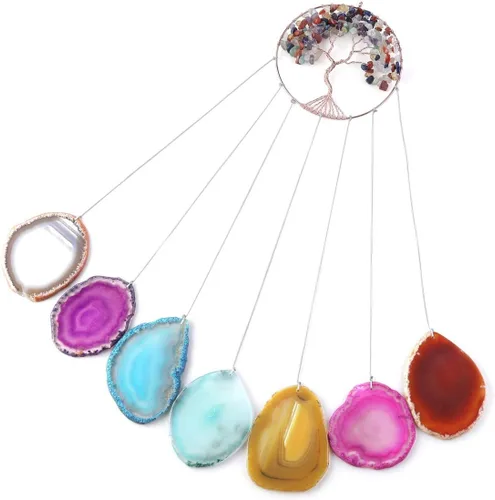 Vista 5 de Yoption Campanilla de viento conmemorativa con diseño de árbol de la vida, 7 chakras de cristal natural para decoración del hogar, jardín, 15.7-17.7