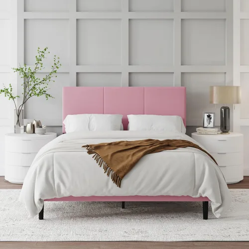 Vista 10 de IOILORI Base de cama de tamaño matrimonial con cabecera tapizada, listones de madera resistentes, no requiere somier, silencioso, fácil montaje Beige