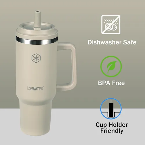 Vista 3 de ICEWATER Vaso de 40 oz con 2 tapas (abatible y pajita estándar), 100% a prueba de fugas, vaso aislado con asa, compatible con portavasos, botella