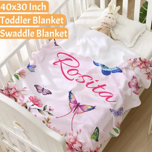 Vista 2 de Manta de mariposa personalizada con nombre de mariposa para niños y niñas, regalo para amantes de las mariposas, franela suave y acogedora, ligera