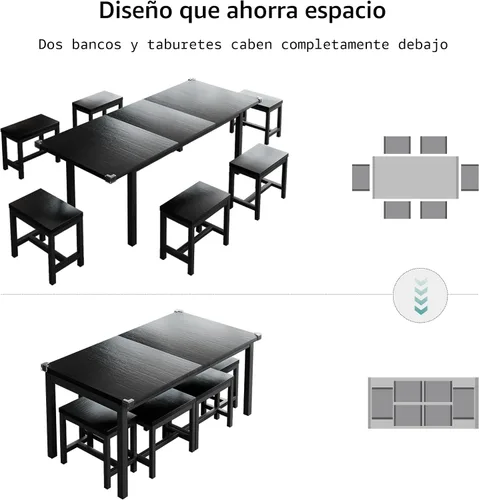 Vista 5 de iPormis Juego de mesa de comedor extensible de 7 piezas con 6 taburetes, juego de mesa de cocina de 63 pulgadas para 4 a 8 personas, mesa de comedor