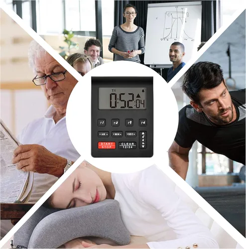 Vista 3 de Runleader Temporizador digital de cocina de escritorio, 4 temporizadores de cuenta regresiva y cronómetros con reloj de 12/24 horas, alarma