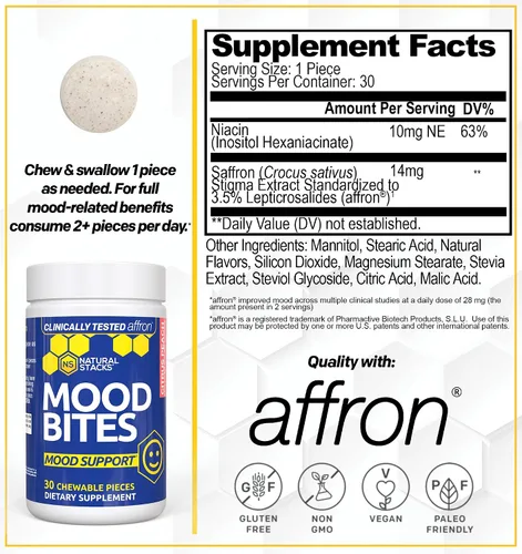 Vista 2 de Mood Bites - Suplemento de azafrán con vitamina B3, melocotón cítrico, 30 masticables
