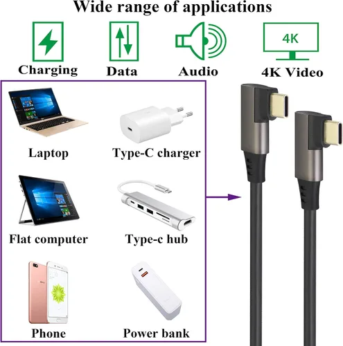 Vista 7 de Cable USB 3.1 tipo C de 90 grados en ángulo derecho e izquierdo 3.1 USB tipo C macho 4K a 60Hz Gen 2 Cable de extensión compatible con carga, datos