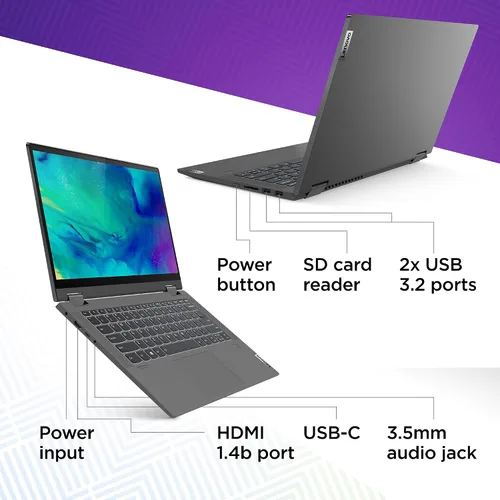 Vista 4 de Lenovo Laptop Flex 5, pantalla táctil FHD de 14.0 pulgadas, AMD Ryzen 5 5500U, 16 GB de RAM, 256 GB de almacenamiento, gráficos AMD Radeon, Windows