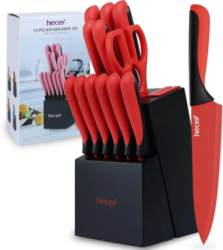 Vista 12 de hecef Juego de cuchillos de cocina de 13 piezas con bloque de madera para afilar integrado, juego de bloques de cuchillos de acero inoxidable