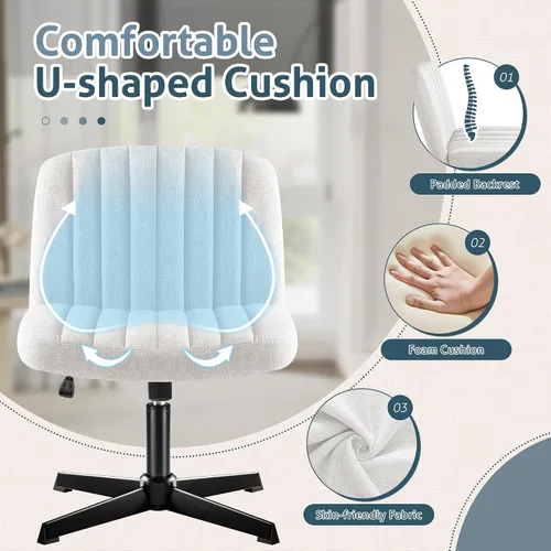 Vista 7 de Shahoo Silla de patas cruzadas con otomana, giratoria sin brazos, ancha, acolchada, moderna, altura ajustable, tela para oficina en casa, color beige