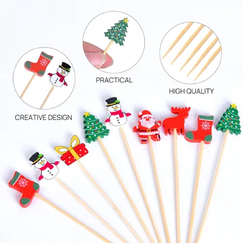 Vista 3 de JtmyAota 100 unidades de palillos de dientes de Navidad para aperitivos, palillos de cóctel de bambú natural de 4.7 pulgadas para decoración