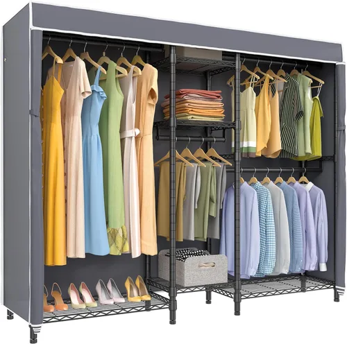 Vista 10 de VIPEK Classic V6C - Perchero de alambre resistente de 5 niveles, tamaño grande, ropa de metal negro con cubierta de tela Oxford, 70.1 pulgadas