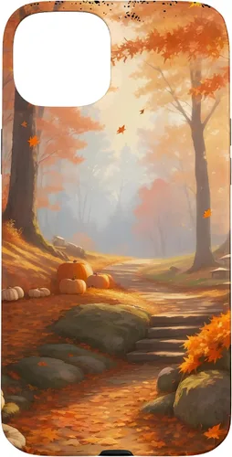 Vista 9 de iPhone 13 Pro Max Idílica escena del bosque de otoño, hojas de otoño, funda de calabazas