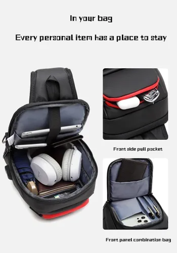 Vista 3 de CROSSBABY Bolso bandolera para hombre, mochila ligera con puerto de carga USB para caminar y senderismo, Negro -, Bandolera
