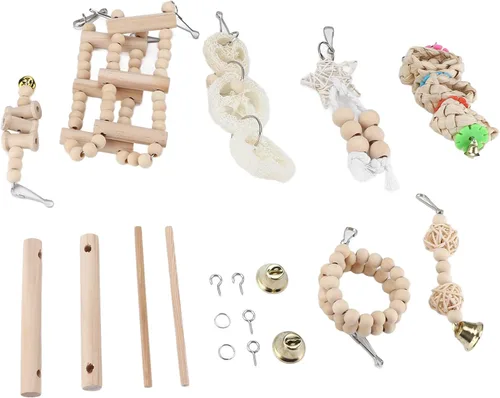 Vista 6 de 8 Pcs Toys Set for Active Birds Chewing and Climbing Fun Natural Wood for Parakeets Conures Macaws and Lovebirds