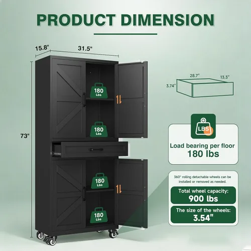 Vista 3 de Letaya Gabinetes de almacenamiento de garaje de metal con ruedas,Gabinete Negro