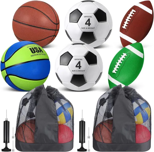 Vista 7 de Lenwen Juego de 6 pelotas deportivas para niños y adolescentes, incluye balón de fútbol de baloncesto de tamaño oficial con bolsas