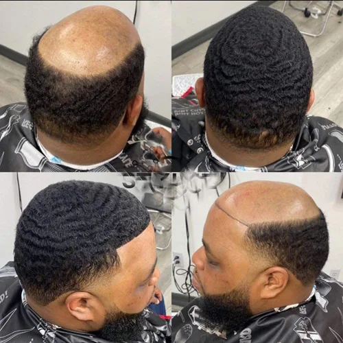Vista 17 de SIMBEAUTY Cabello humano Remy indio 360 ondulado, 0.394 pulgadas, base de piel de tupé rizado, 10 x 8 pulgadas, para hombres negros con sistema