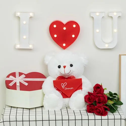 Vista 3 de HollyHOME Oso de Peluche Oso de Rosa Oso de Peluche Suave con Sobre Rojo de Felpa Suave Juguetes de Vacaciones Regalo 30 cm Blanco