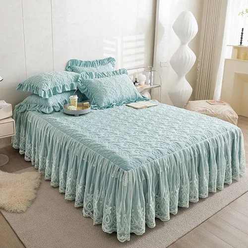 Vista 6 de Colcha acolchada de algodón brocado con patrón de flores, falda de cama con volantes, tamaño Queen, beige