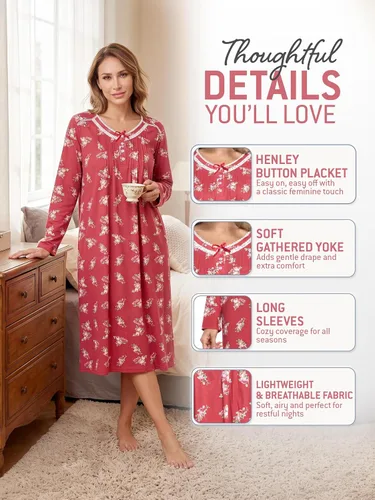Vista 5 de Casual Nights Vestido de dormir floral de manga larga para mujer, camisón Henley de longitud completa Baya(Berry floral)
