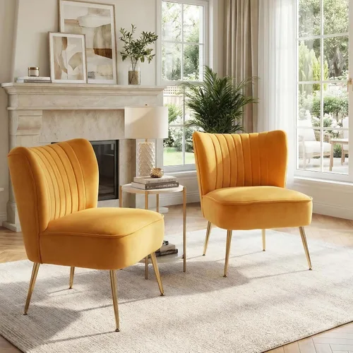 Vista 17 de DUOMAY Juego de 2 sillas decorativas modernas de terciopelo con patas doradas, silla lateral con respaldo alado para sala de estar, dormitorio Negro