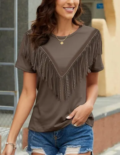 Vista 4 de PESION Camisas de manga corta con flecos para mujer, blusa con ribete de borlas