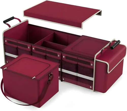Vista 29 de titiyiof Organizador de maletero para SUV y sedán, organizadores y almacenamiento de automóvil, correas plegables y ajustables, organización Beige