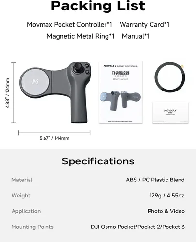 Vista 9 de MOVMAX Control remoto inalámbrico para DJI Osmo Pocket 4/3/2, soporte de teléfono Magsafe con joystick efecto Hall, batería de larga duración