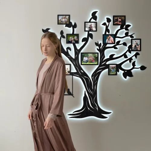 Vista 7 de JustLikeWood Calcomanías de pared de árbol genealógico de madera 3D LED de 51 x 50 pulgadas con marco, decoración de pared para sala de estar