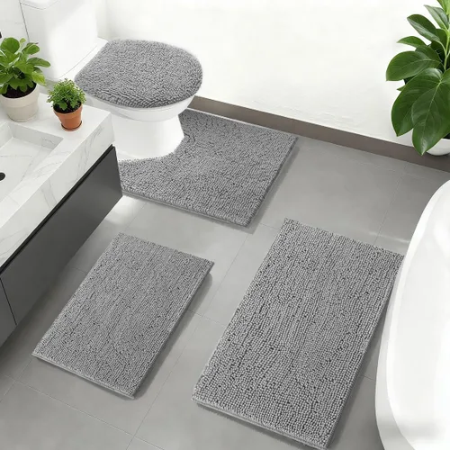 Vista 12 de RUN HELIX Juego de 4 alfombras de baño antideslizantes, suaves, peludas y absorbentes, con tapete de inodoro en forma de U, color negro