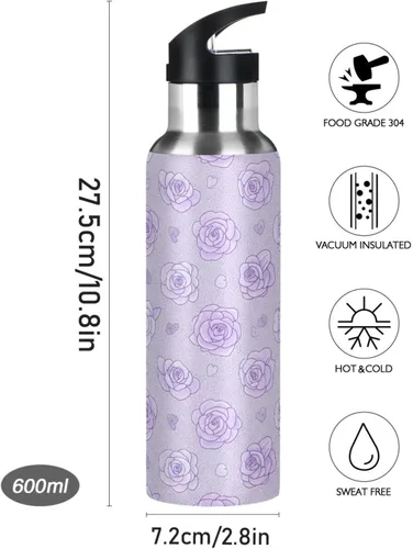 Vista 9 de Soft Pastel Style Roses Stainless Steel Vacuum Insulated Water Bottle 20 Oz, BPA-Free Sports Water Bottle Leakproof Water Bottles