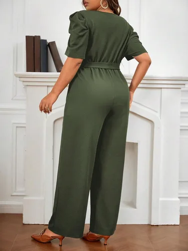 Vista 2 de WDIRARA Mono de manga corta abombada con cuello en V y pierna ancha para mujer, talla grande