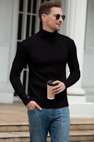 Vista 4 de QZH.DUAO - Suéteres informales de cuello alto para hombre, diseño entallado de punto trenzado, manga larga, sin botones