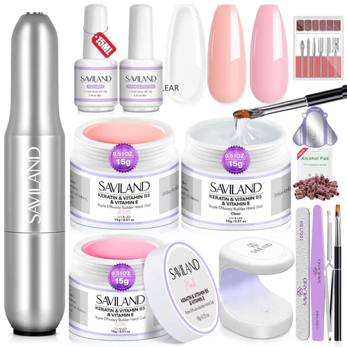 Vista 8 de Kit de gel para uñas de secado rápido Saviland - Gel duro formador rosa claro con mini luz UV, geles superiores, deshidratador, imprimación