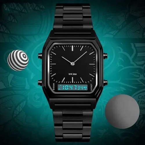 Vista 3 de Gosasa Reloj de pulsera cuadrado multifunción con doble pantalla de acero inoxidable y correa analógica