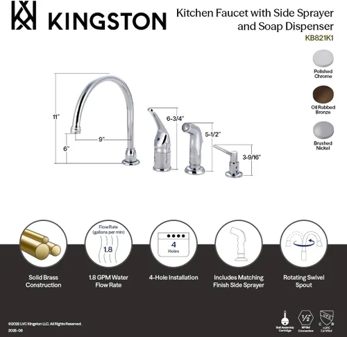 Vista 5 de Kingston Brass KB828K8 Chatham - Grifo de cocina con mango de una sola palanca con rociador y dispensador de jabón, níquel cepillado, alcance