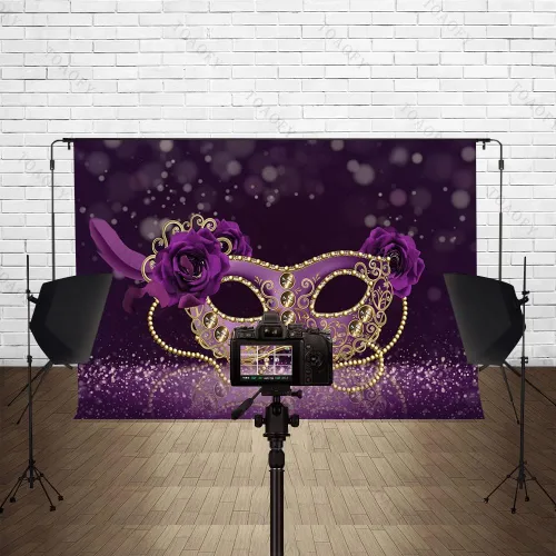 Vista 2 de TAYBYC133 TAYBYC133 - Máscara de fondo de fotografía de 7 x 5 pies, fondo de Mardi Gras, máscara morada para niñas y adultos, fiesta de máscaras