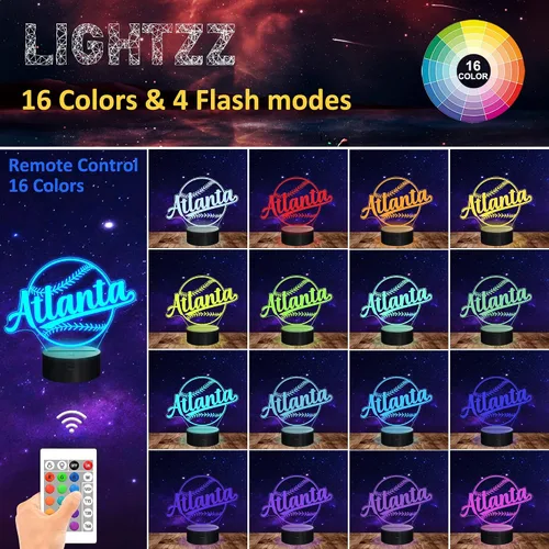 Vista 5 de Regalos de béisbol, luz nocturna de béisbol, lámpara de ilusión 3D para regalo de niños con 16 colores cambiantes, control remoto, iluminación