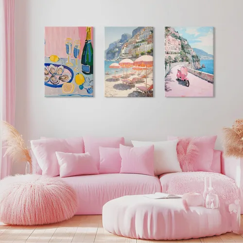 Vista 2 de HNNXAR Amalfi Coast - Lienzo decorativo para pared, pintura italiana de playa, pintura artística italiana, fruta, champán, juego de 3, decoración