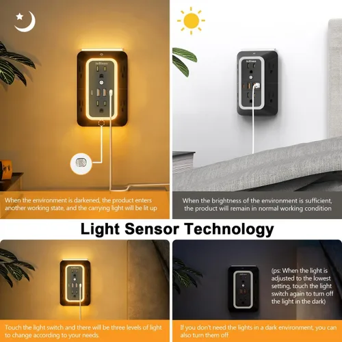 Vista 7 de Extensor de toma de corriente de pared con luz nocturna, adaptador de enchufe de alimentación extensor de 6 salidas con 4 puertos de carga USB